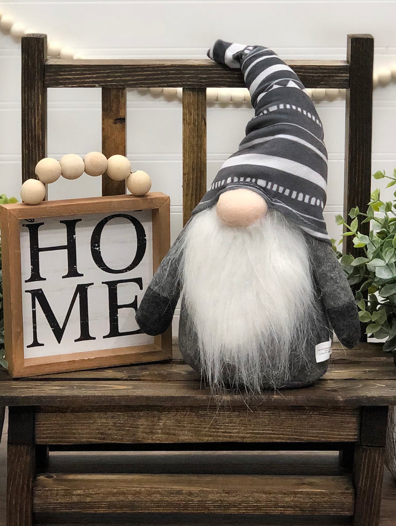 Grey Sitting Plush Gnome Cute Gnome with a Pattern Hat - Gnomes and Pretty Things