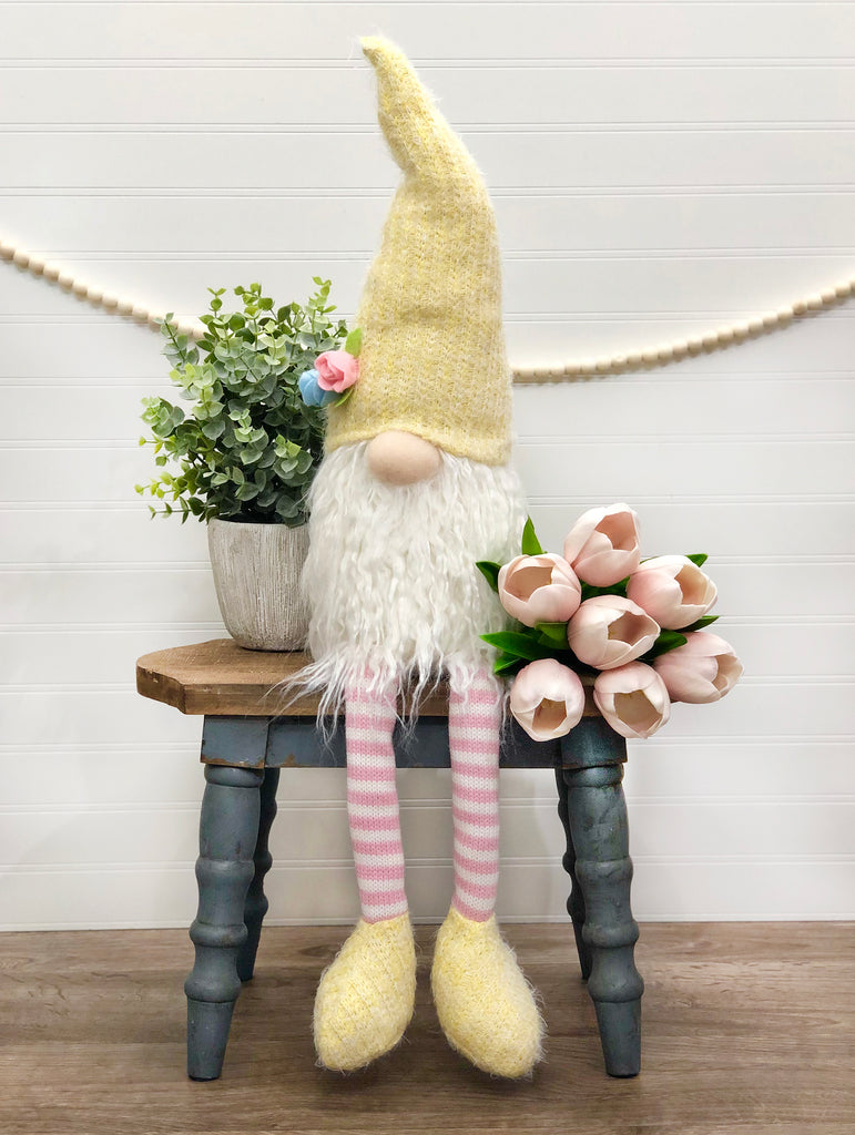 Spring Yellow Hat Plush Long Legged Sitting Gnome Spring Plush Gnome - Gnomes and Pretty Things