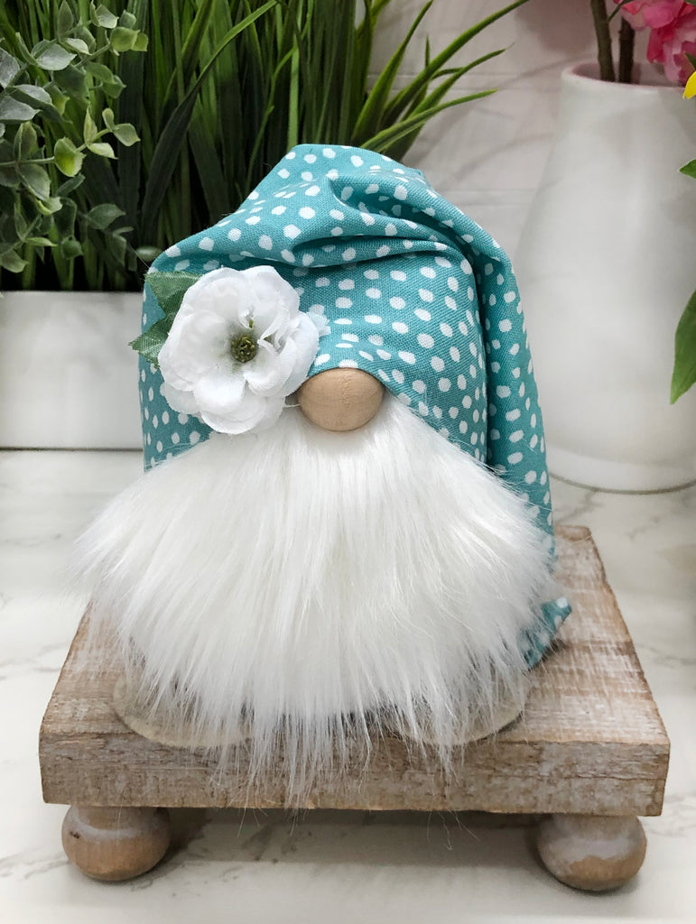 Teal Polka Dot Gnome Slouchy Hat Gnome Hand Made Plush Gnomes Spring Flower Gnome - Gnomes and Pretty Things