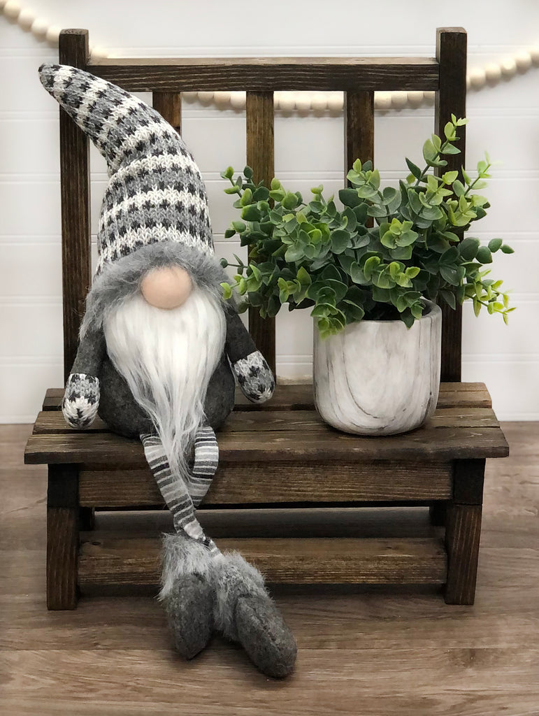 Grey Long Legged Shelf Sitting Plush Gnome Cute Gnome with a Pattern Hat - Gnomes and Pretty Things